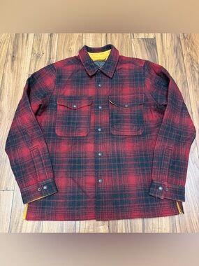 Filson Mackinaw Wool Jac Shirt Oxblood Red Black Gold Lined Mens Large